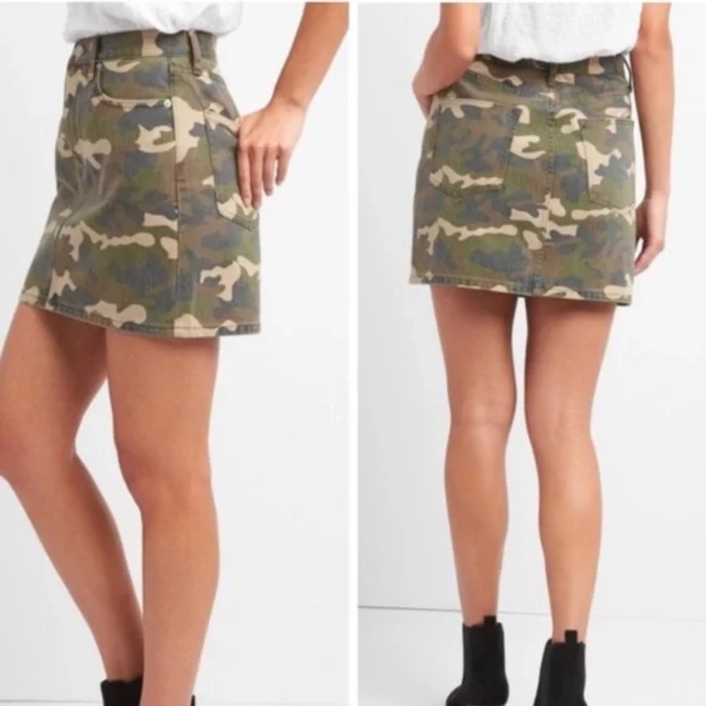 GAP Denim High Rise Army Camouflage A-line Mini Skirt Pockets Green
